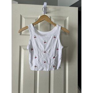 Shein Cherry Embroidered Ribbed Tank Top M White Y2K Coquette Summer